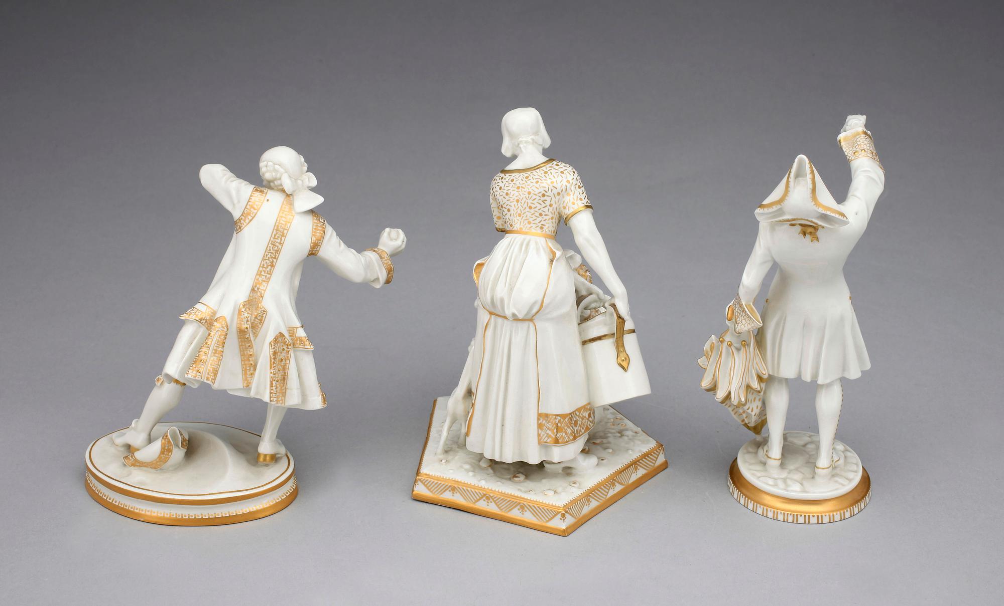 FIGURINER, 3 st, porslin, rokokostil, Bing & Gröndahl, 1900-talets första hälft.