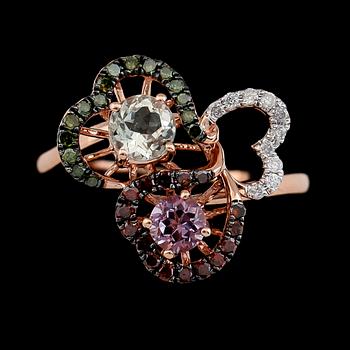 RING, 14K roséguld med flerfärgade diamanter samt ametister.