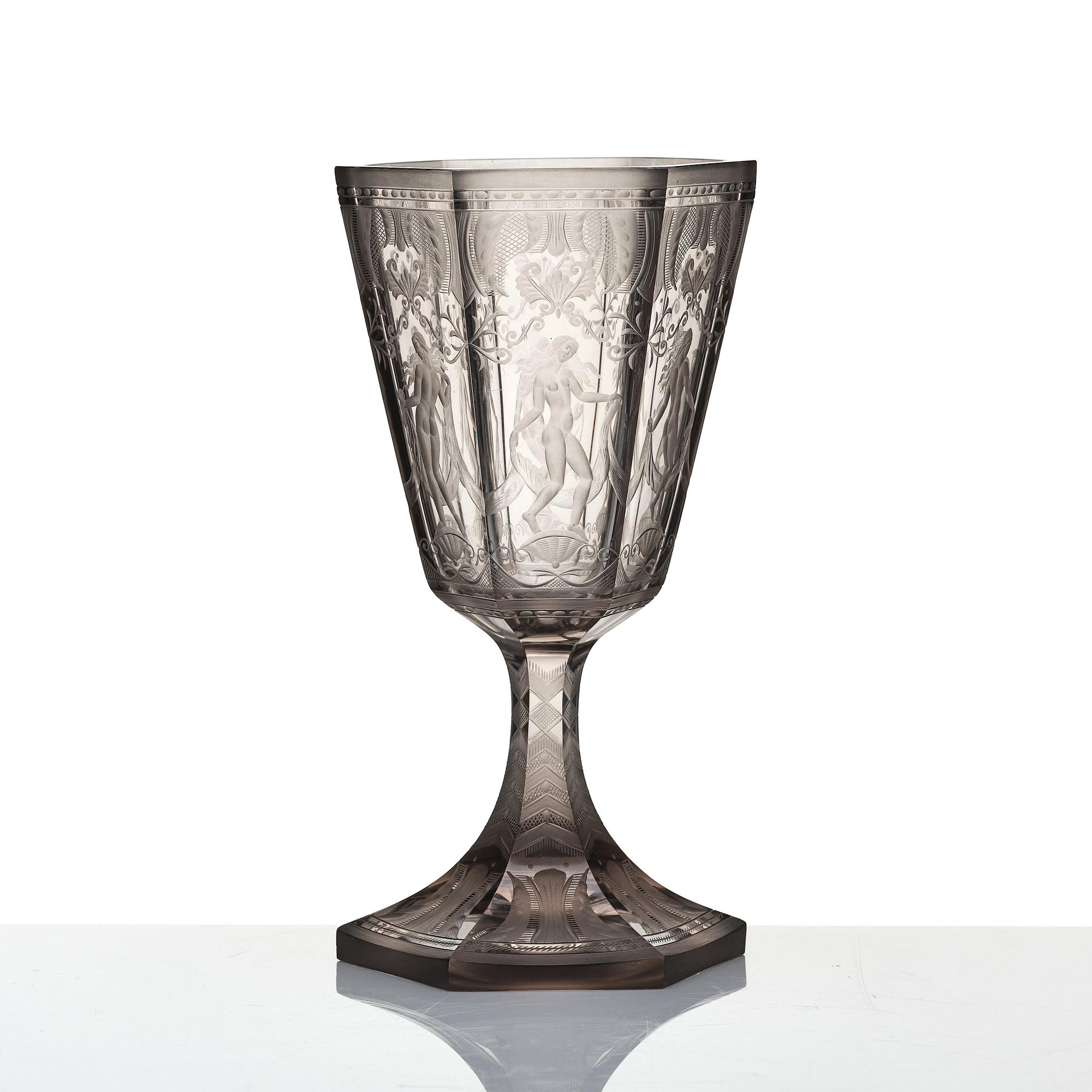 Simon Gate, a Swedish Grace engraved glass goblet 'Sex gracer', Orrefors 1929, model 154.