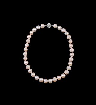 A NECKLACE, cultivated fresh water pearls 11 - 12 mm. Clasp in rhodium plated metal. Length 44 cm.