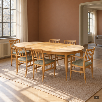 Carl Malmsten, Dining table and four plus two chairs, "Talavid", OH. Sjögren, Tranås.