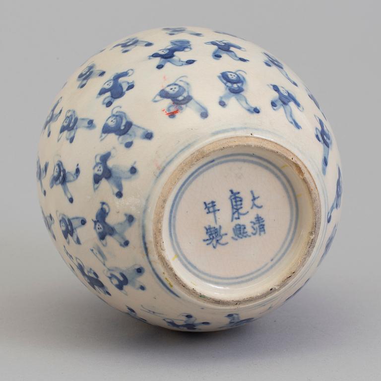 A blue and white porcelain jar, circa 1900.