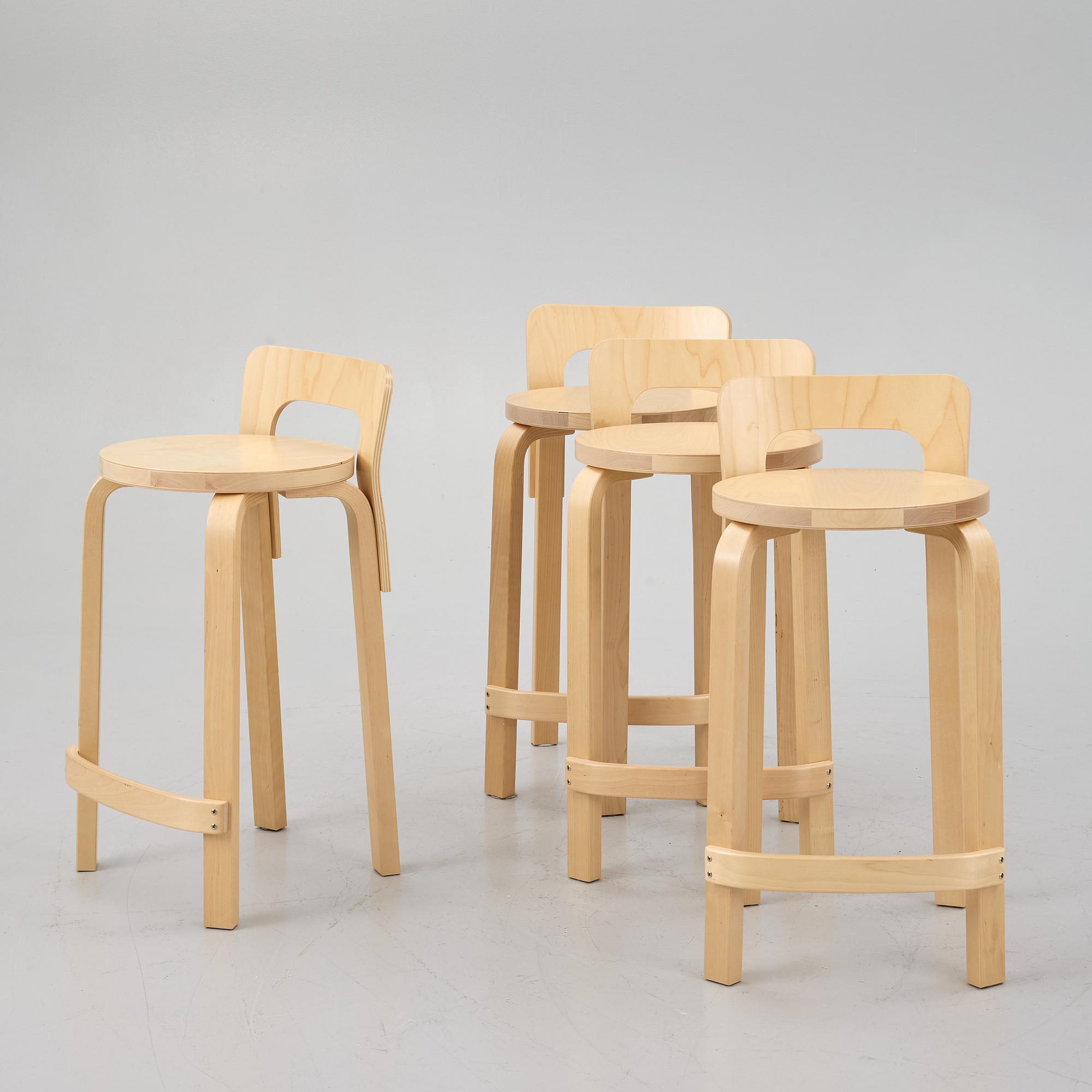 Alvar Aalto, four K65 bar stools, Artek, 2019.