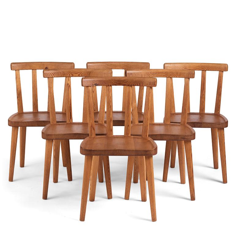 Axel Einar Hjorth, a set of six stained pine 'Utö' chairs, Nordiska Kompaniet, Sweden 1930s.