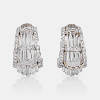 698. A pair of carved rock crystal and brilliant-cut diamond earrings. Total carat weight circa 1.00 ct.