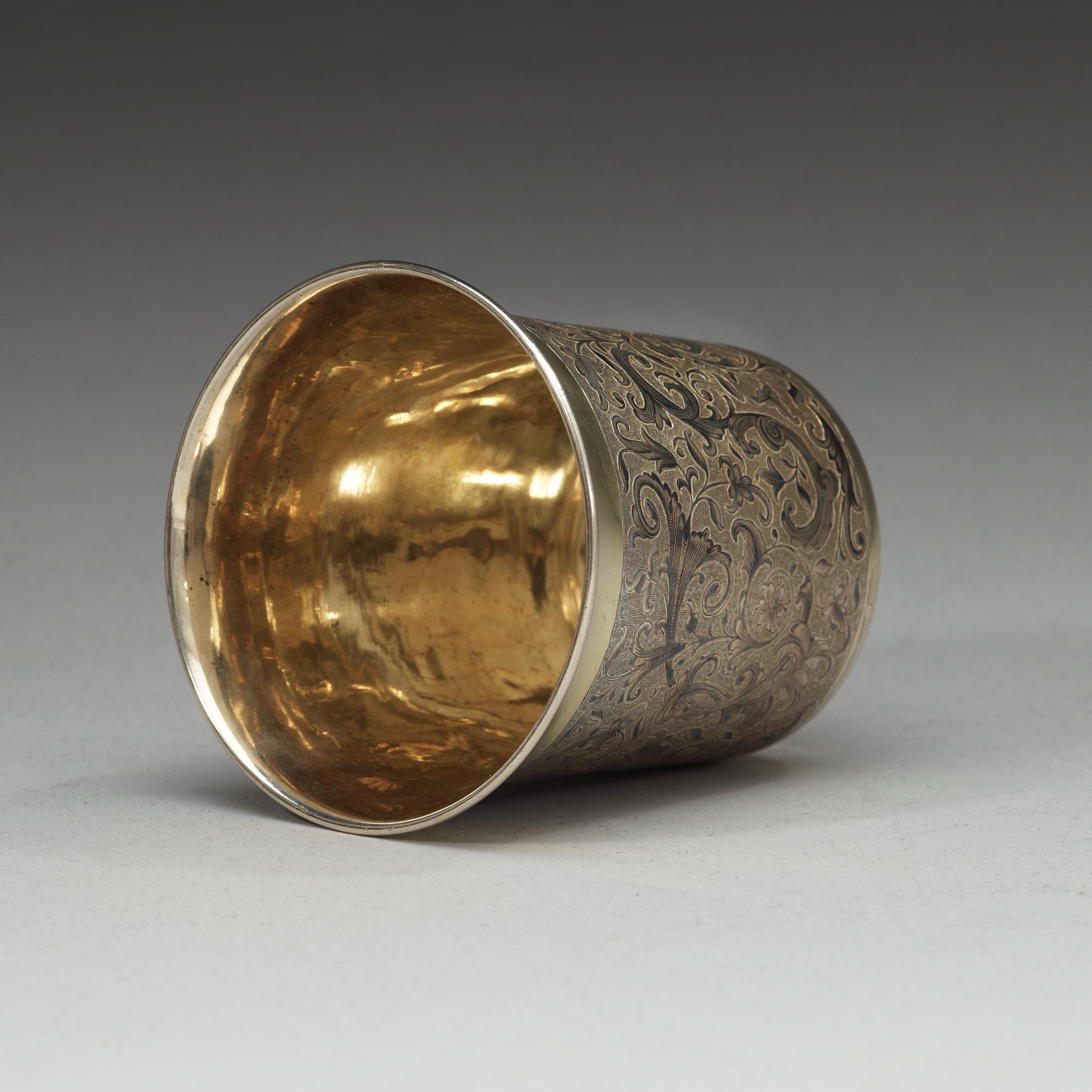 A Russian 19th century silver-gilt and niello beaker, unidentified makers mark, Moscow 1850's.