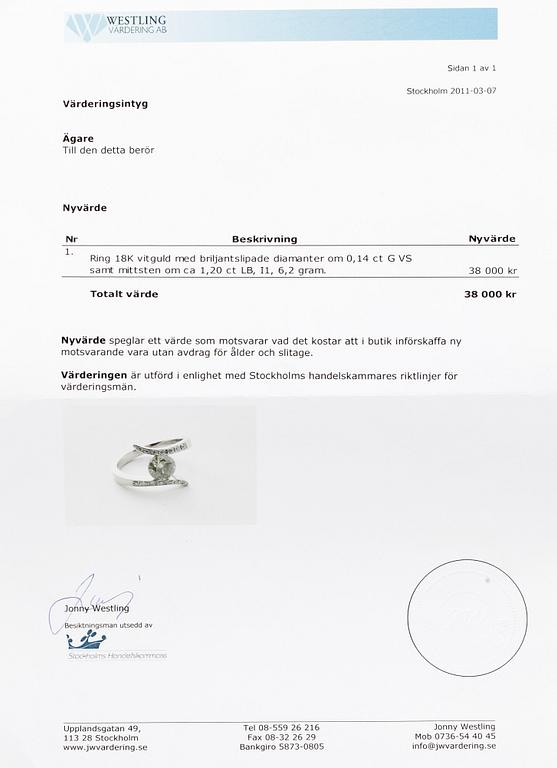 RING, 18k vitguld m briljantslipad diamant light brown ca1,20ct o diamanter tot ca0,14ct. BWG, Stockholm, 2000-tal.