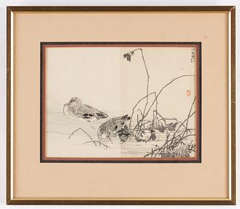 Three woodblock sheets, including Hokusai, Japan, 19th century.