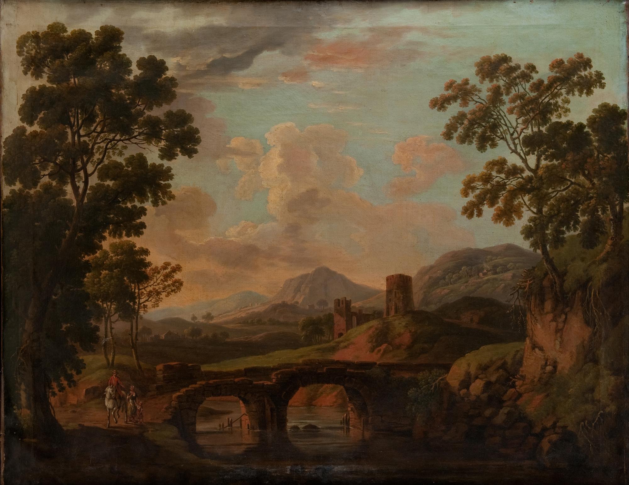 Dutch school 18th century. Pastoral scenery with company on horse.