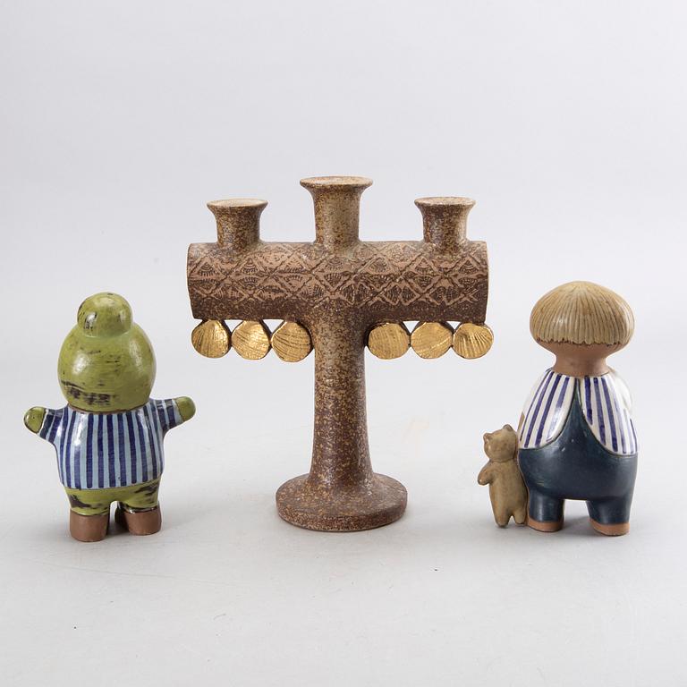 LISA LARSON, a candlestick and 2 figurines, stoneware, Gustavsberg, Sweden.