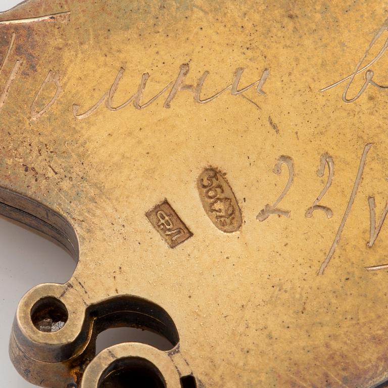 A Fedor Lorie pendant/frame, enamelled 14K gold and silver set with an old-cut diamond and banded agate.