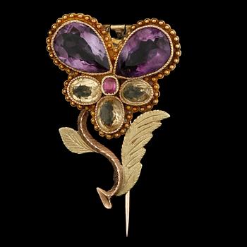 BROSCH, 18k tvåfärgat guld med ametist, citrin och rubin. Sverige, 1800-tal. Vikt 3,3g.