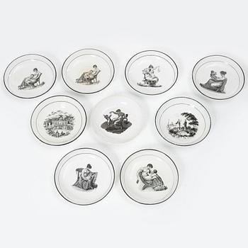 Koppar med fat, 9 st, empire, 1800-talets första hälft.