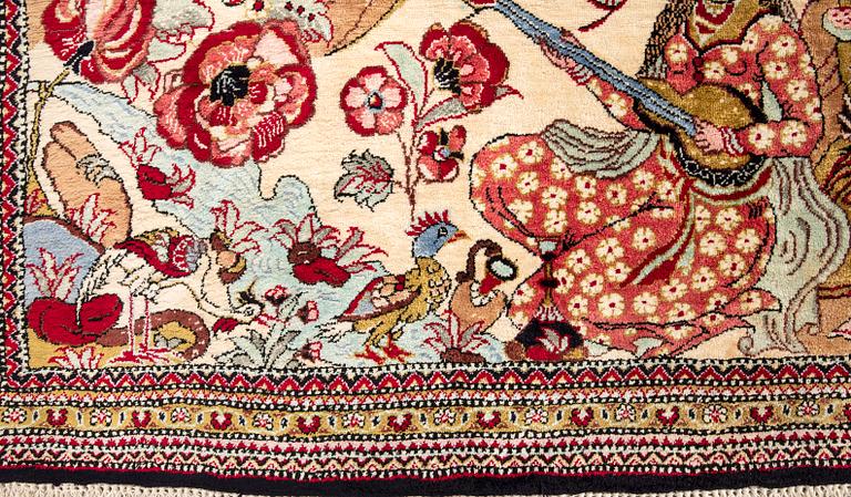 Oriental figural silk rug, approximately 57x79 cm.