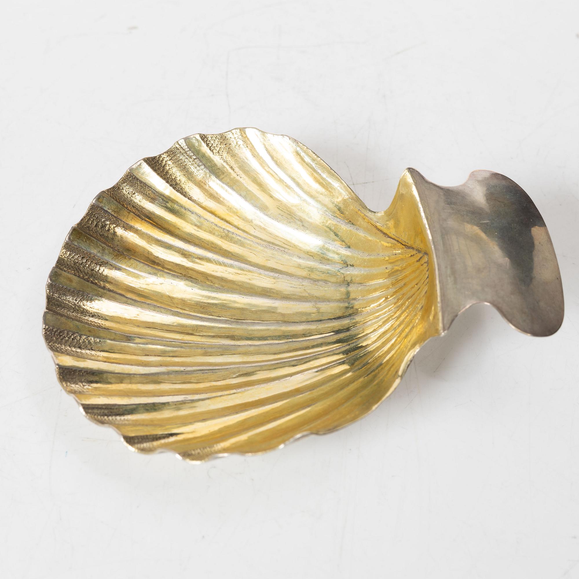 Butter dish, three pairs of salt spoons, and two mustard spoons, Sweden, 19th Century.