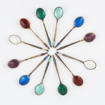 A Michelsen, twelve silver and enamel spoons, Denmark mid 20th century.