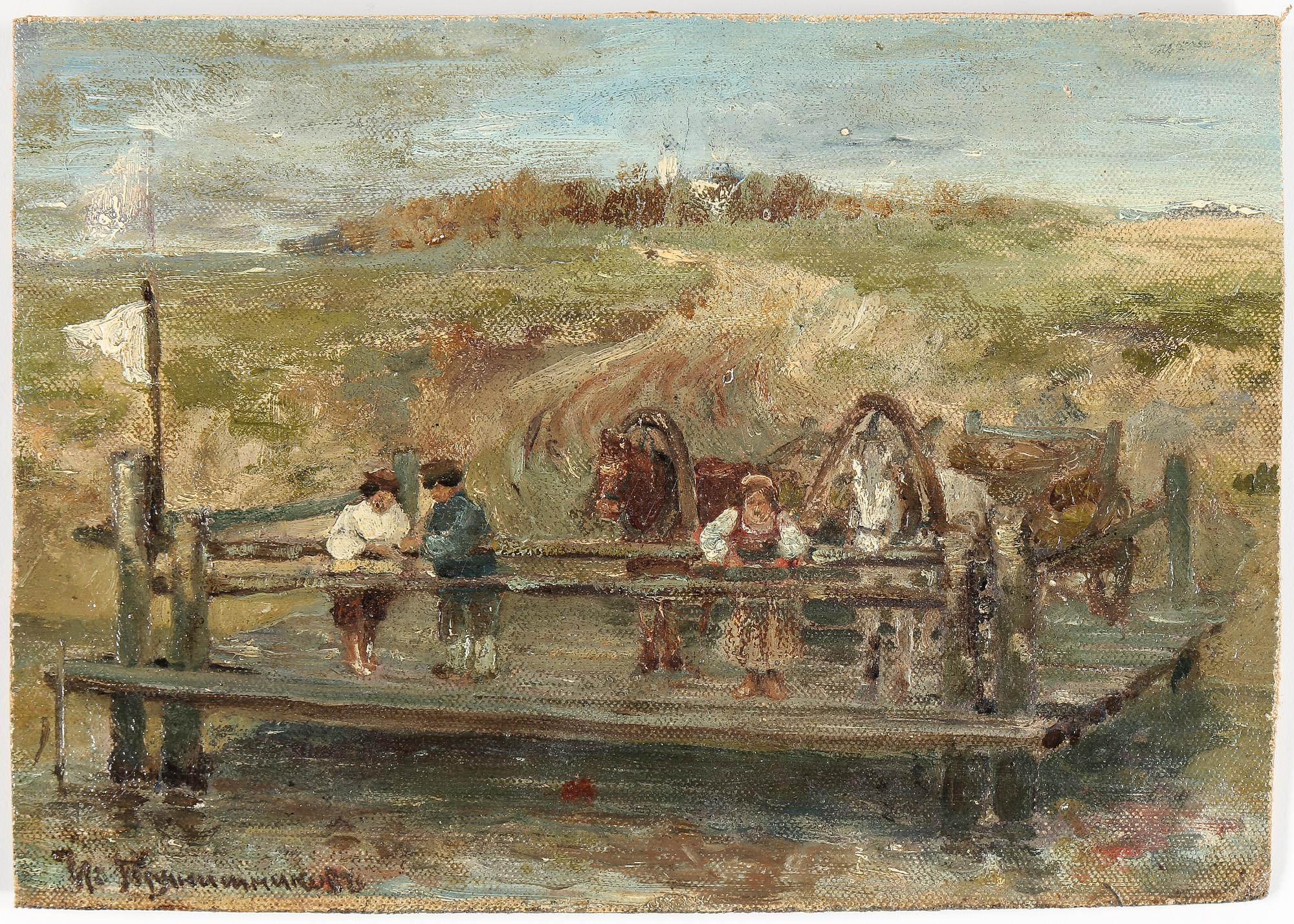 OKÄND KONSTNÄR, olja på duk uppklistrad på pannå, otydlig signatur.