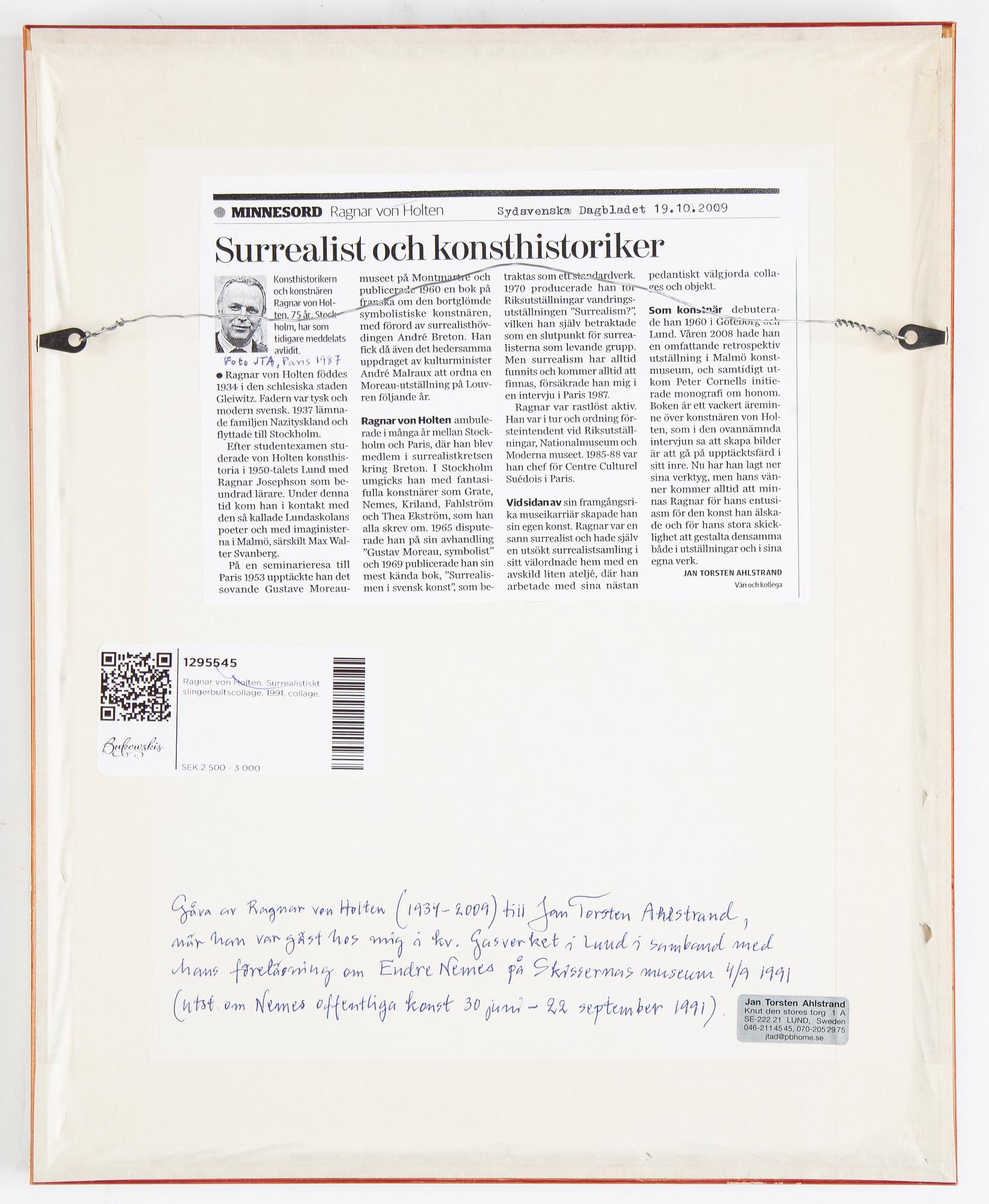Ragnar von Holten, collage, signed and dated sep -91.