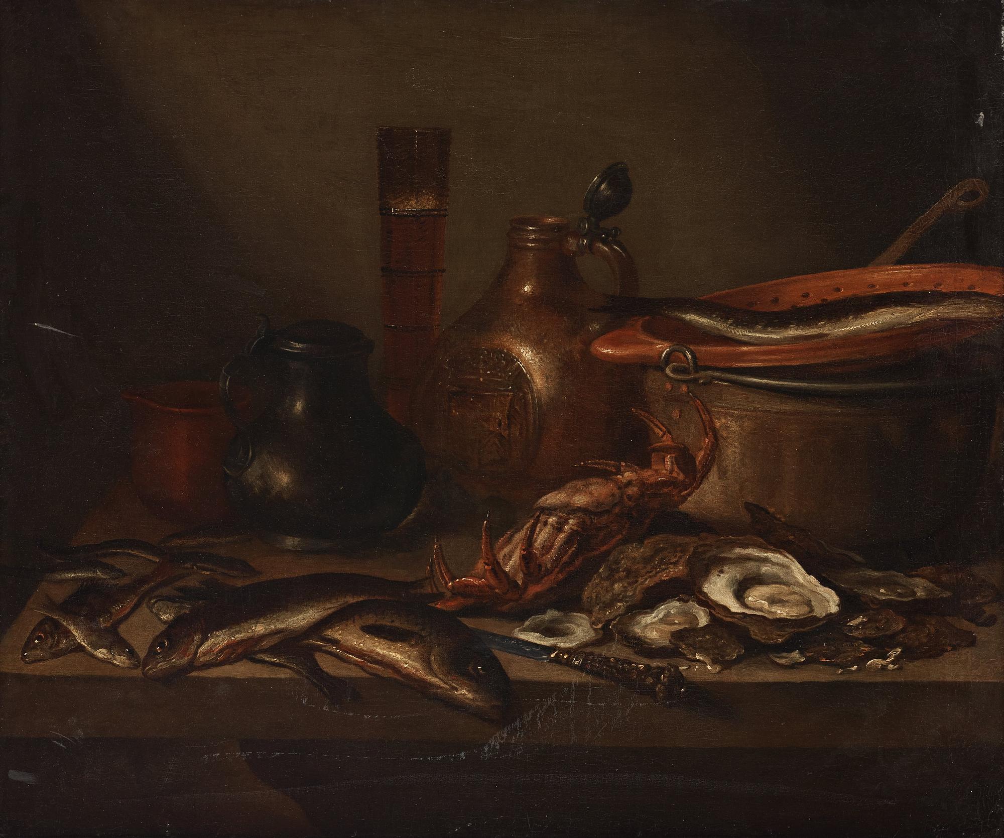 Pieter Claesz Circle of, Dutch school 17th/18th Century. Still life with fish, crab, oysters and jars.