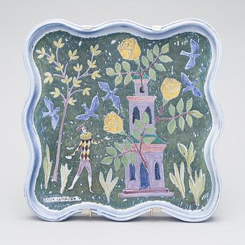 BIRGER KAIPIAINEN, A CERAMIC DISH. The Harlequin by the tower. Signed Kaipiainen, Araba. 1940s.