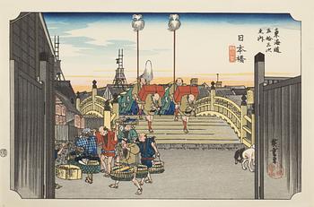 Ando Utagawa Hiroshige, after, a set of nine woodblock prints in colours, Japan, 20th Century.