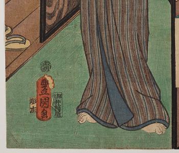 Two Japanese woodblock prints after Toyokuni, 19th Century.