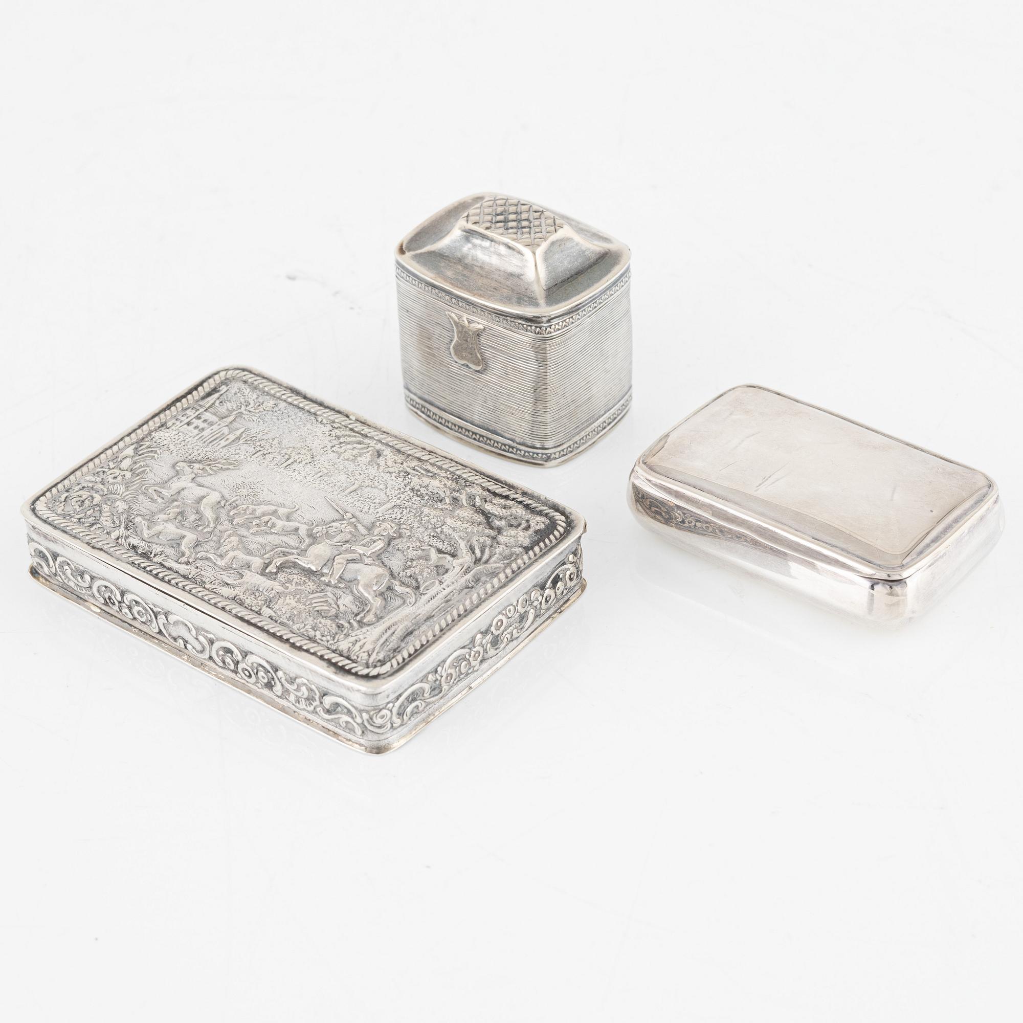 Five Silver Boxes, including mark of Petter Adolf Sjöberg, Stockholm 1817.