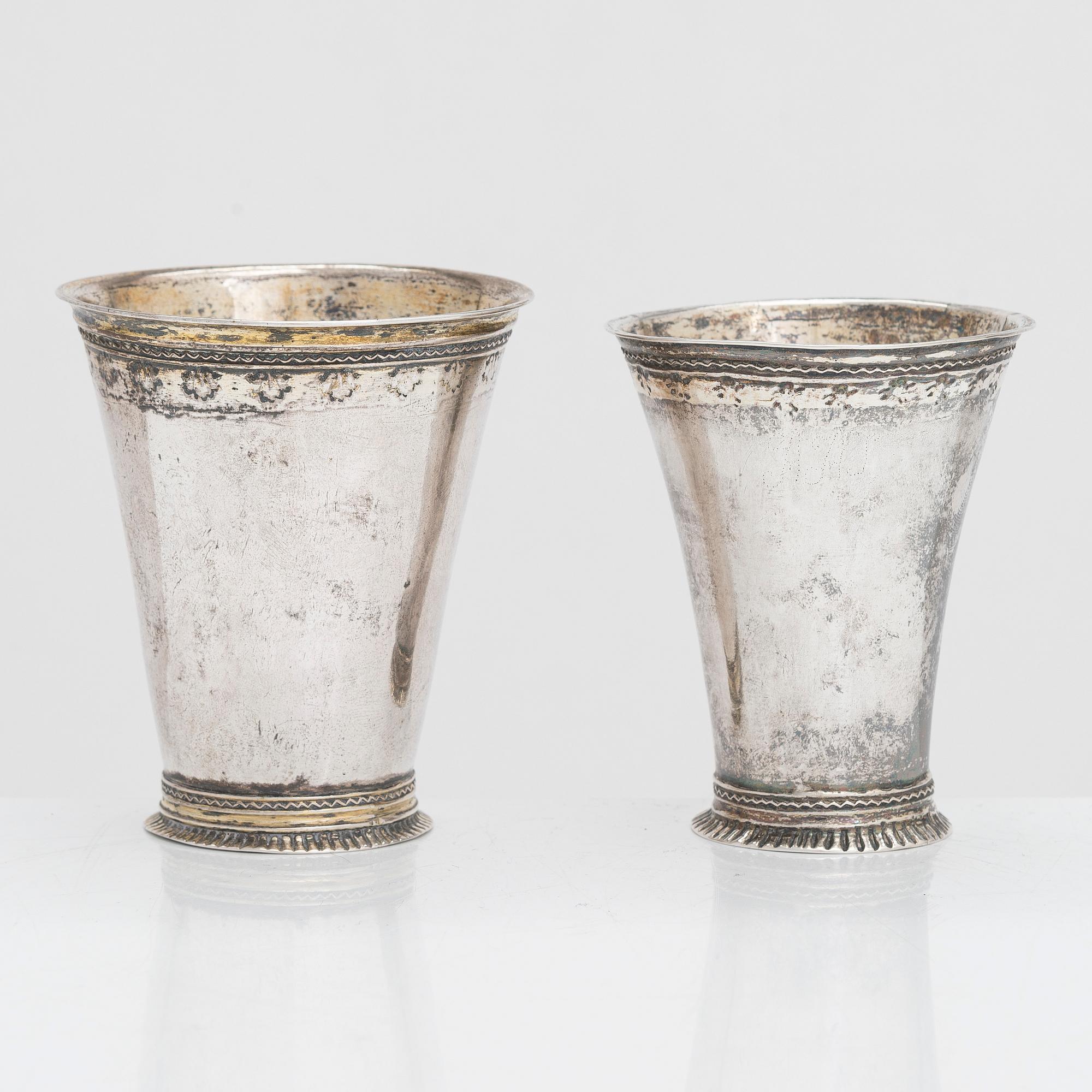 Two silver beakers, maker's mark of Carl Björkman (active 1735-1745) and Ferdinand Sehl the Youngest, Stockholm 1763.