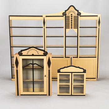 Two wall cabinets and shelves, Sagu pharmacy furniture, Finland early 20th century.