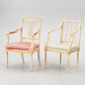 Karmstolar, 2+1 st, sengustavianska, omkring år 1800.