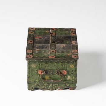 A Baroque South German engraved and polychrome-painted iron and steel strongbox, later part of the 17th century.