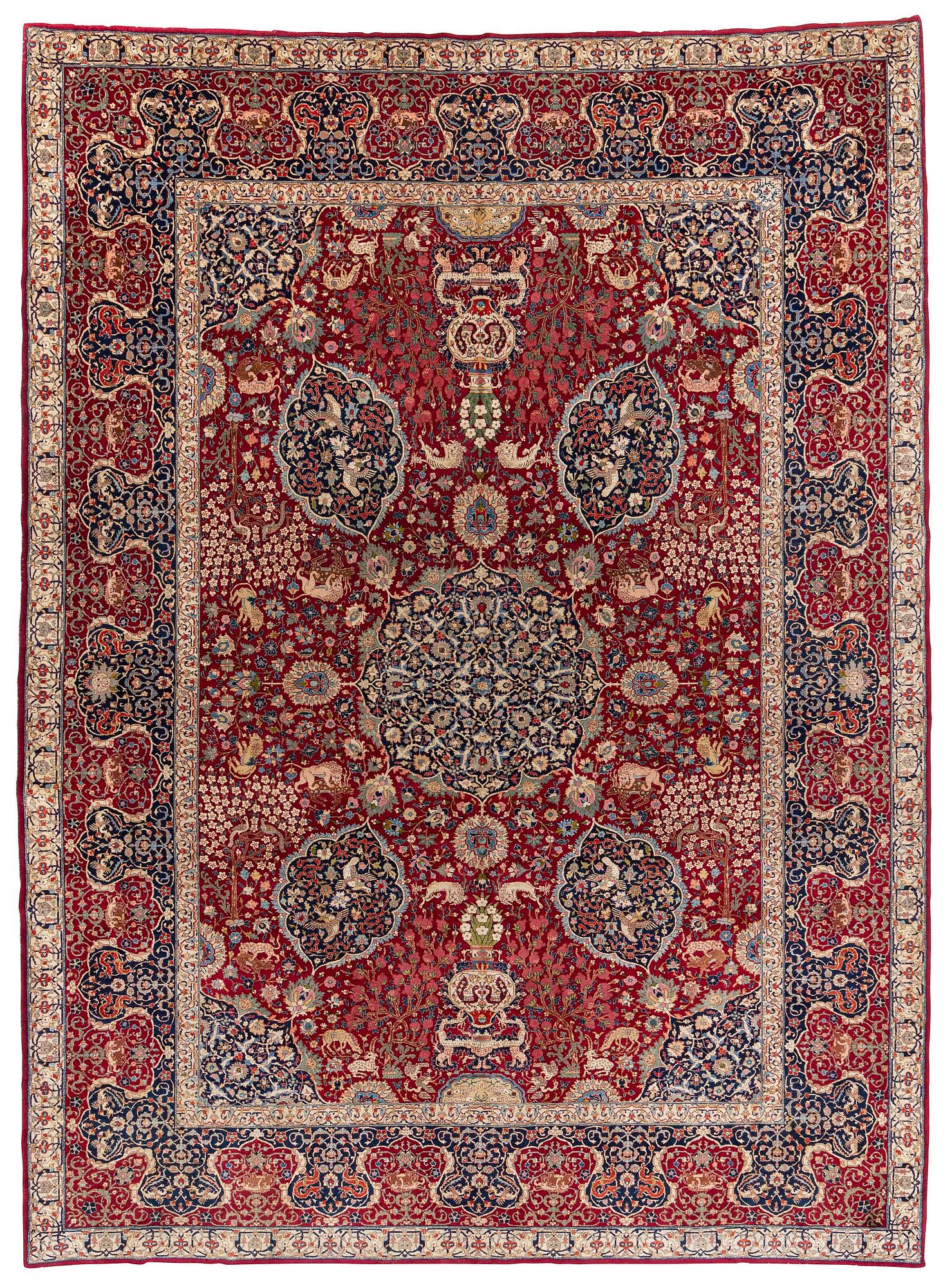 A semi-antique Benlian Tabriz carpet, signed Jabarzade, c. 416 x 308 cm.
