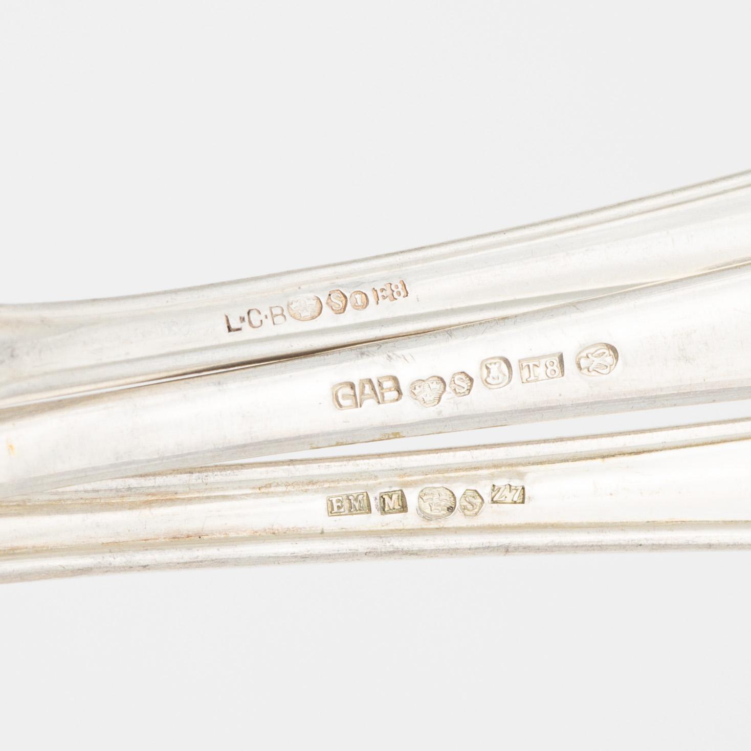 A silver flatwear set, 65 + 19 pieces, two similar models, including Garmany and Swedish import marks.