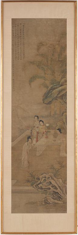 Gu Jianlong, In the manner of the artist, Elegant ladies of the court with antiques and precious objects in a garden.