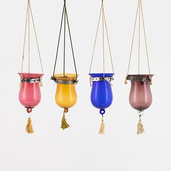 Hanging glass pots, 4 pieces in coloured glass, early 20th century.