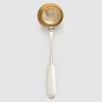 A silver soup ladle, Egor Pankratev, for C. P. Burg, St. Petersburg 1908-26.