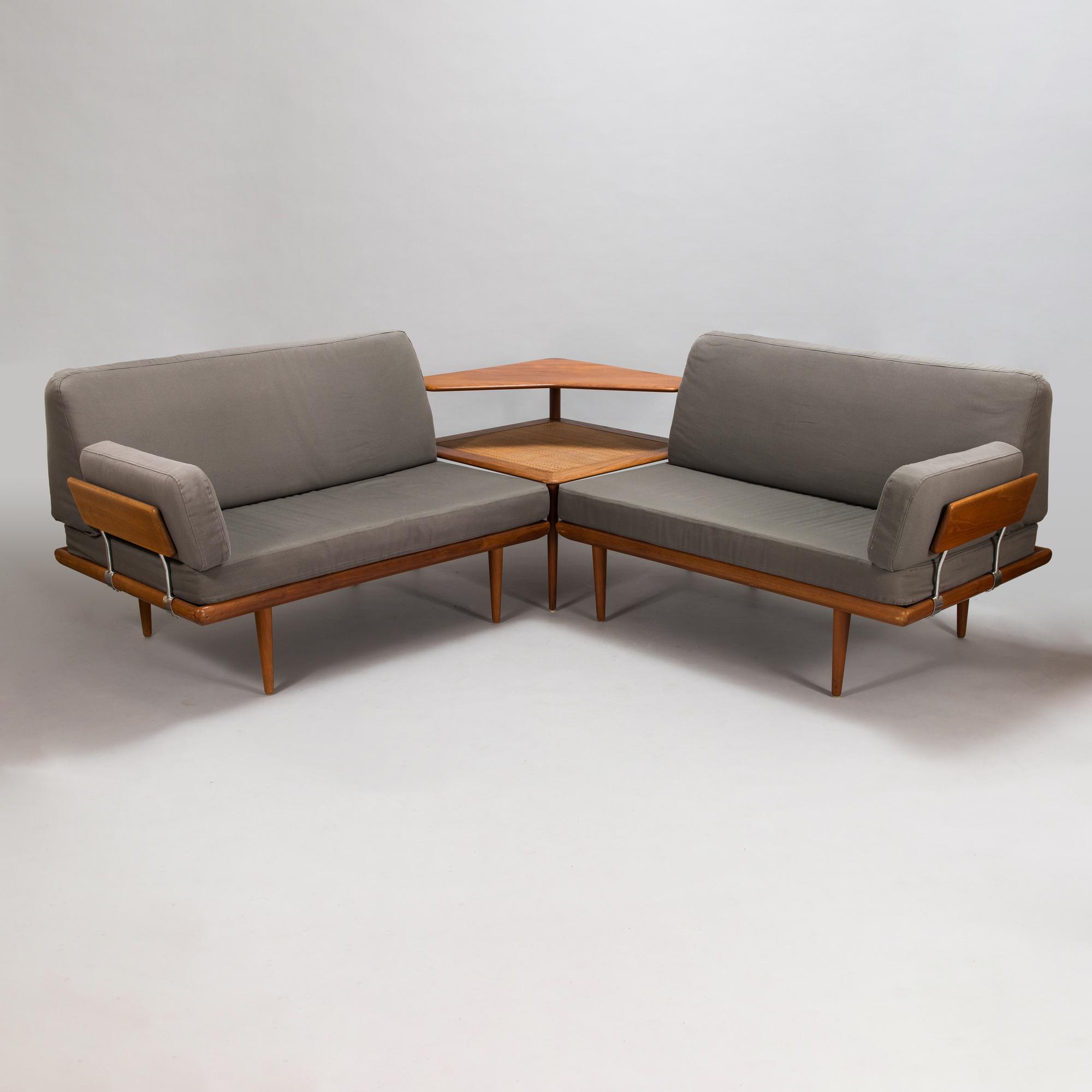 Peter Hvidt & Orla Mølgaard Nielsen, A three piece Danish 'Minerva' sofa suite with a table for France & Son, 1950s/1960.
