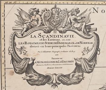 KARTA, HUBERT JAILLOT, kolorerad. "La Scandinavie" utförd 1681.