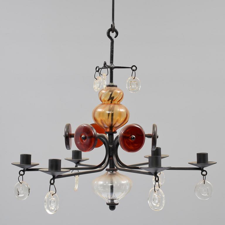 LJUSKRONA, smide och glas, Erik Höglund, Boda, 1960-tal. H 40.