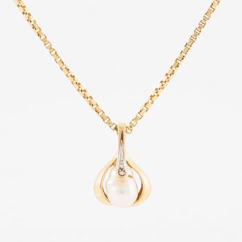 Hänge med kedja 18K guld med en odlad pärla och en diamant.