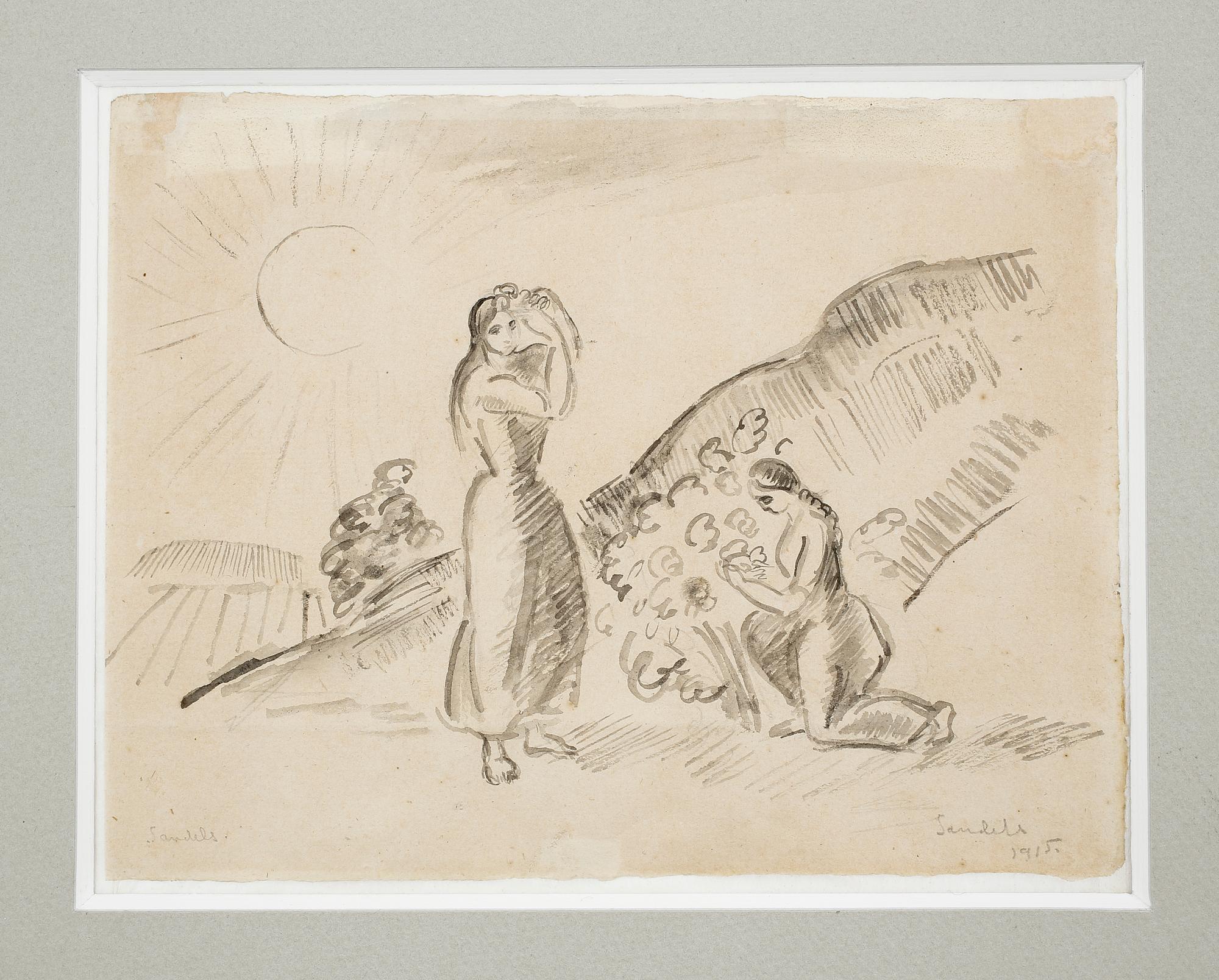 GÖSTA SANDELS, teckningar, 2 st,  kol och blyerts på papper samt akvarell. Signerade och daterade.