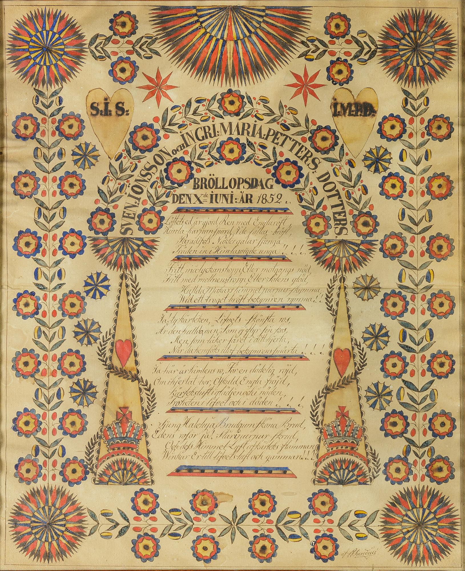 A set of three folk art commemorative paintings, 19th century.