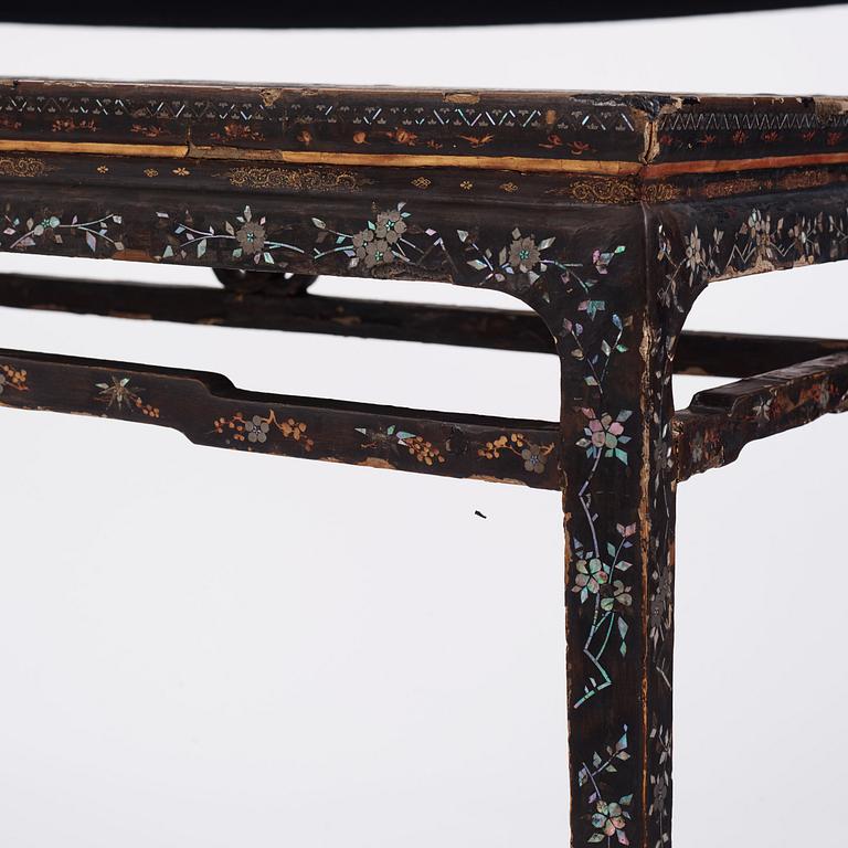 A  Chinese black lacquered altar table with mother of pearl inlay, 17th /18th Century.