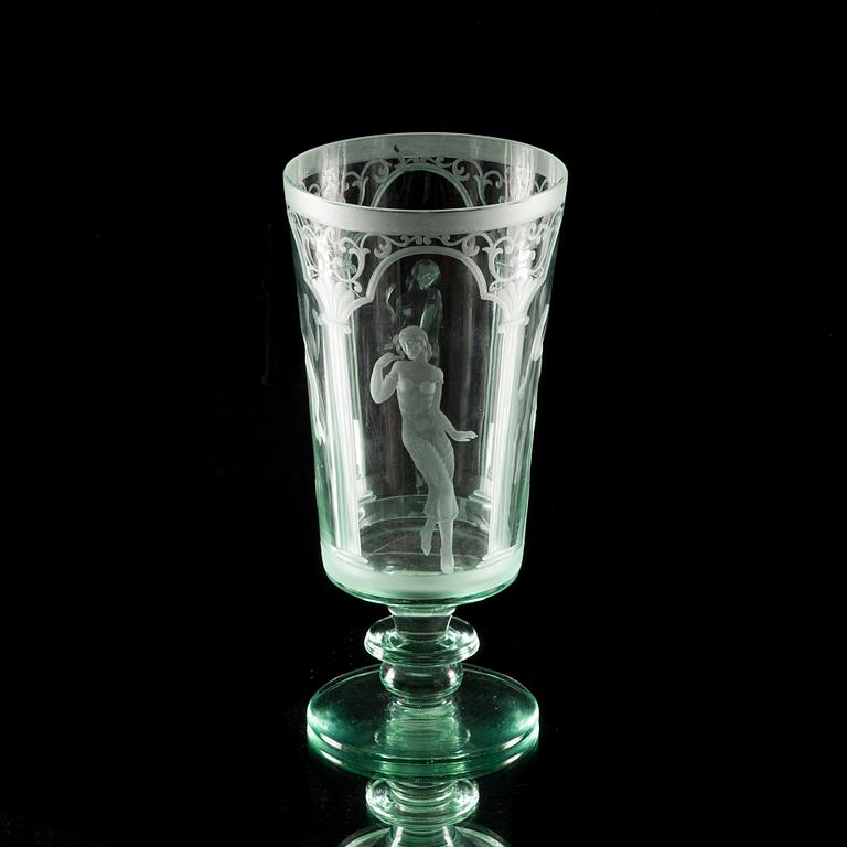 SKÅL, glas, Riihimäen Lasi, gravering möjligen Teodor Käppi, 1930-tal.