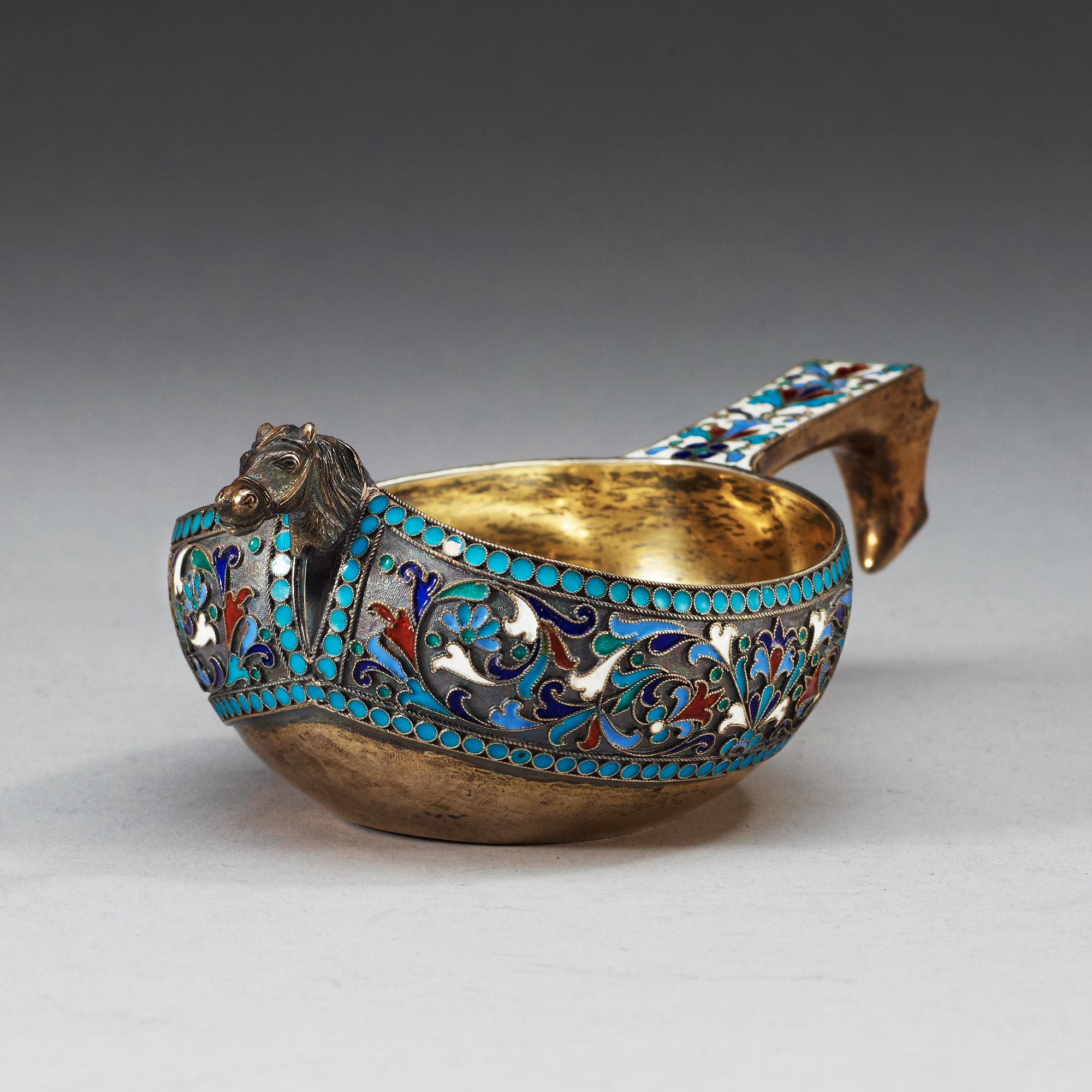 A Russian 19th century silver-gilt and enameld kovsch, makers mark of Nikolaus Strulyev, Moskva 1895.