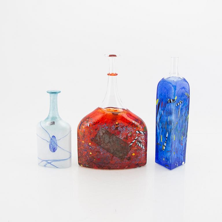 Bertil Vallien, a set of three signed glass vases from Kosta Boda.