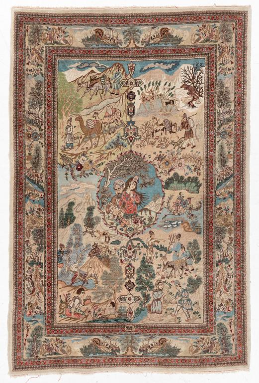 Rug, Tabriz, figural, signed Tabatabai, approx. 210 x 138 cm.