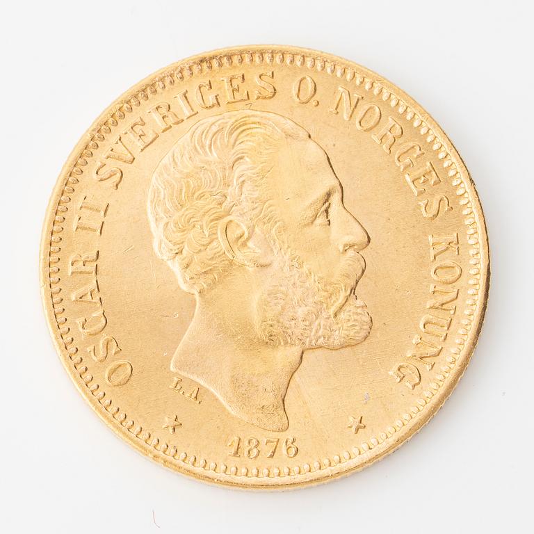 Gold coin, Oscar II, 20 kronor, type II, Sweden 1876.