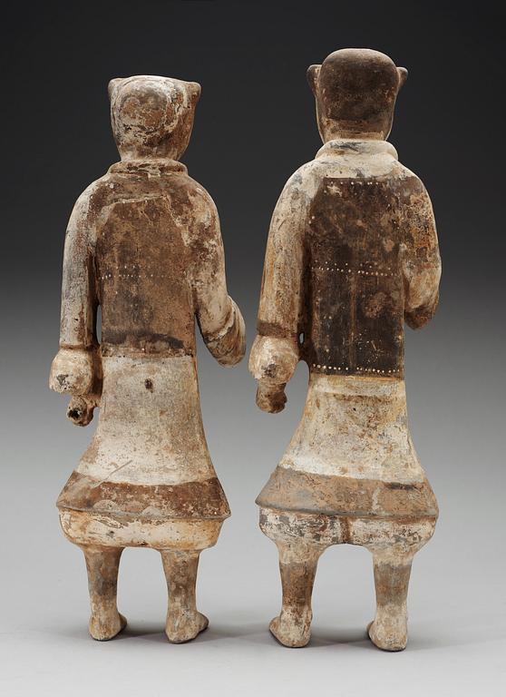 Two painted pottery figurines of standing soldiers, Han dynasty (206 BC- 220 AD).