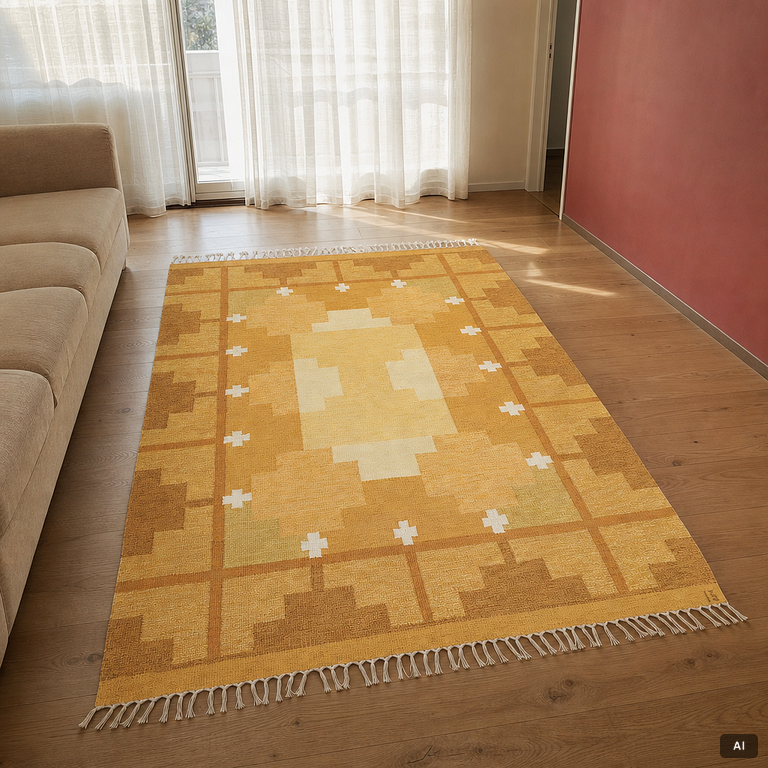 Ingegerd Silow, Rug, “Siljan gul”, flat weave, approximately 280 x 190 cm, signed IS.